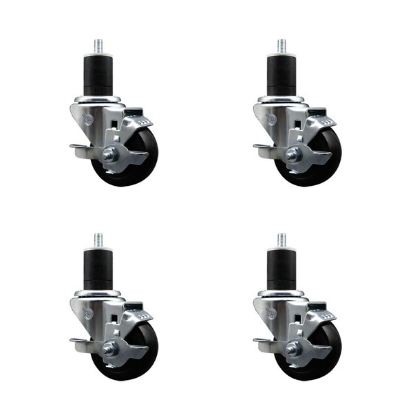 3'' Hard Rubber Swivel 1-3/4'' Expanding Stem Caster Set with Brake, 4PK
